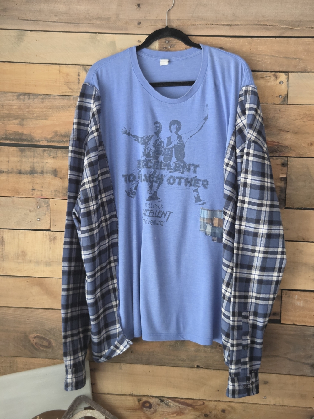 Upcycled Vintage Graphic Tee with Blue Plaid Sleeves